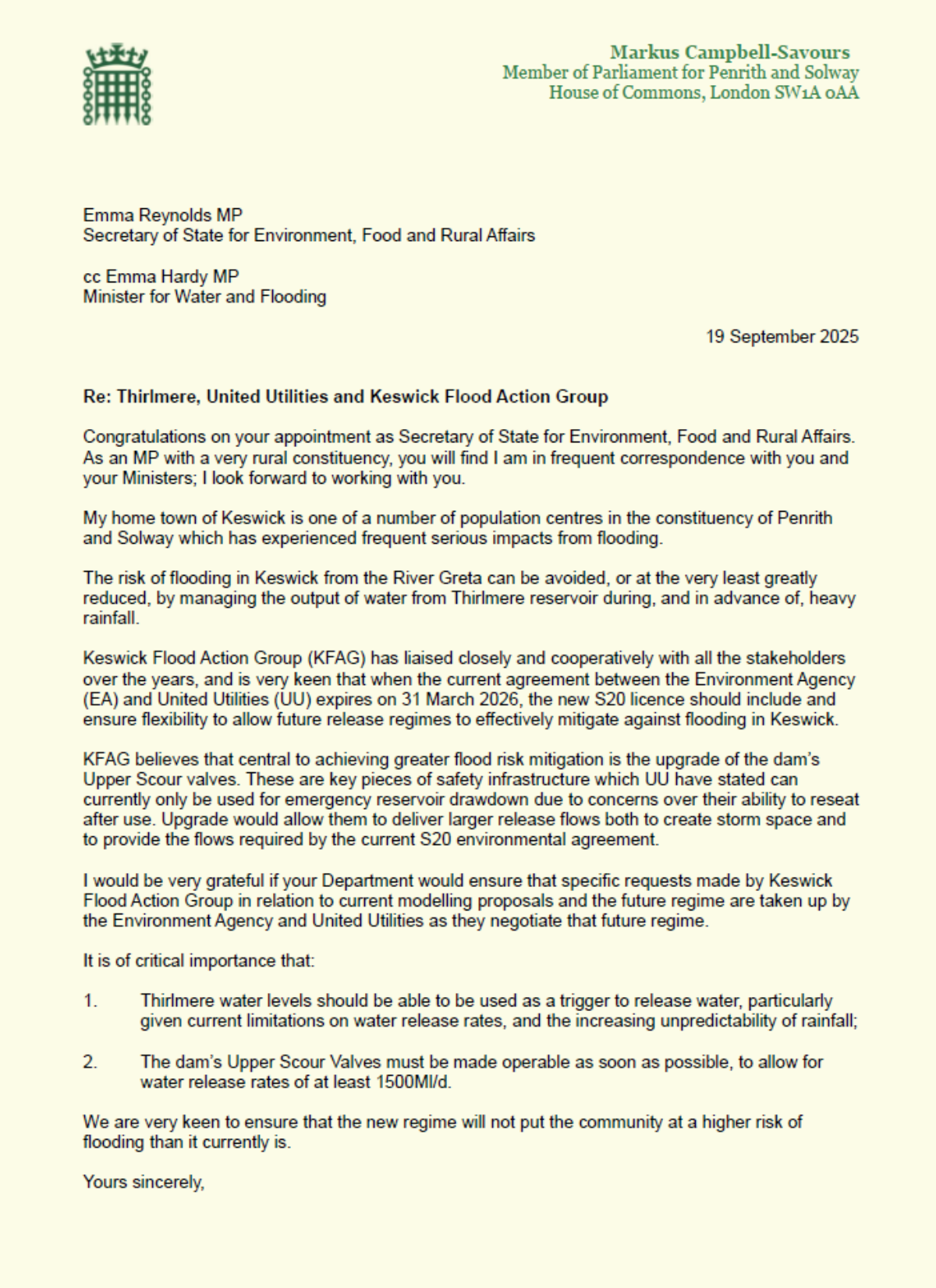 Markus Campbell-Savours letter about Thirlmere